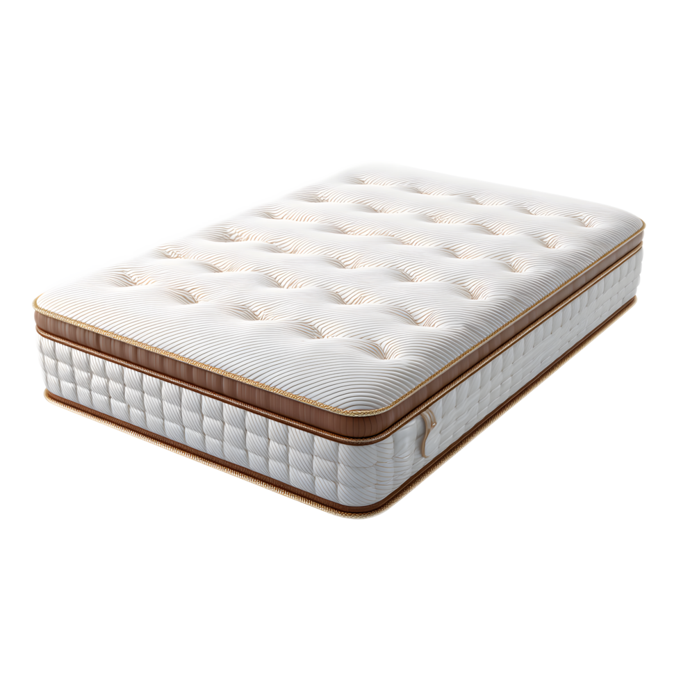 A sleek modern mattress with a tufted plush surface is presented in a pristine minimalist setting showcasing its comfort and style png