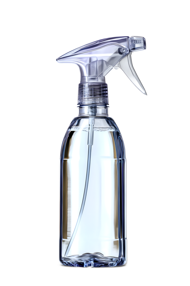 A clear sleek plastic spray bottle with a adjustable trigger dispenser used for household cleaning solutions disinfectants or other liquid products png