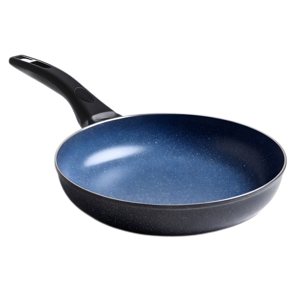 A contemporary nonstick frying pan with a deep blue reflective surface and a sturdy metal handle designed for efficient and stylish cooking png