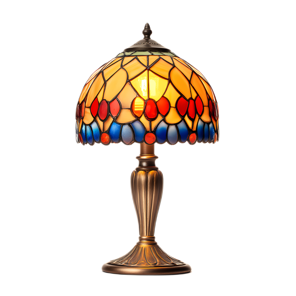 Elegant Tiffany style table lamp with intricate stained glass design and warm radiant lighting png