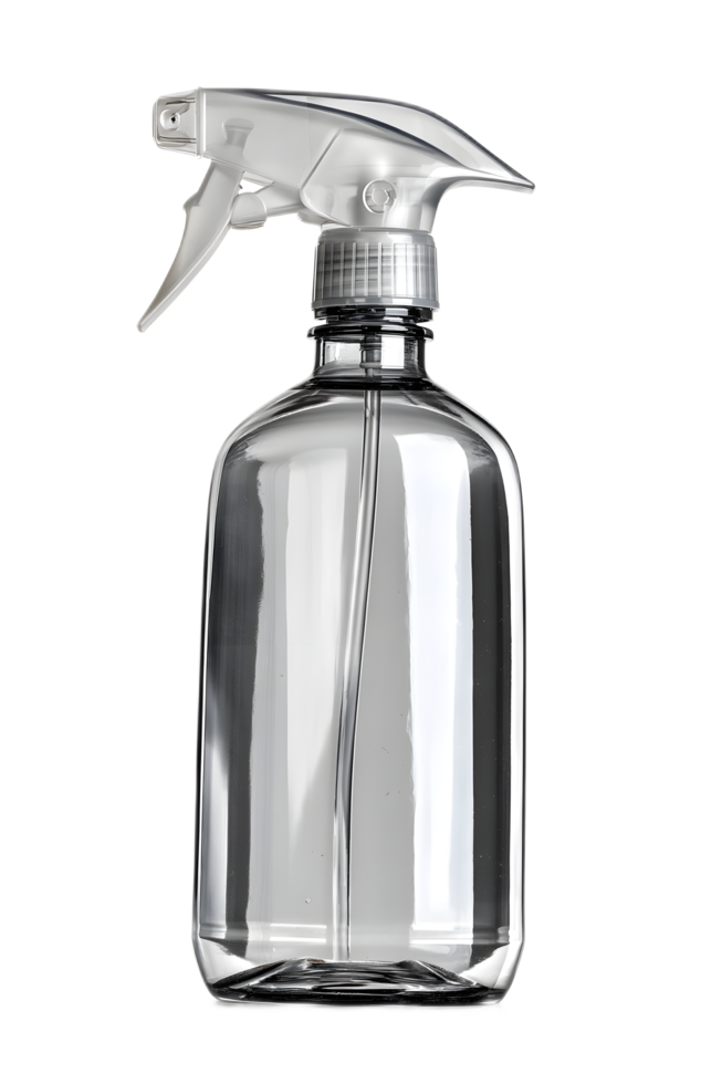 A clear transparent plastic spray bottle with a chrome trigger mechanism for dispensing liquids or cleaning solutions png