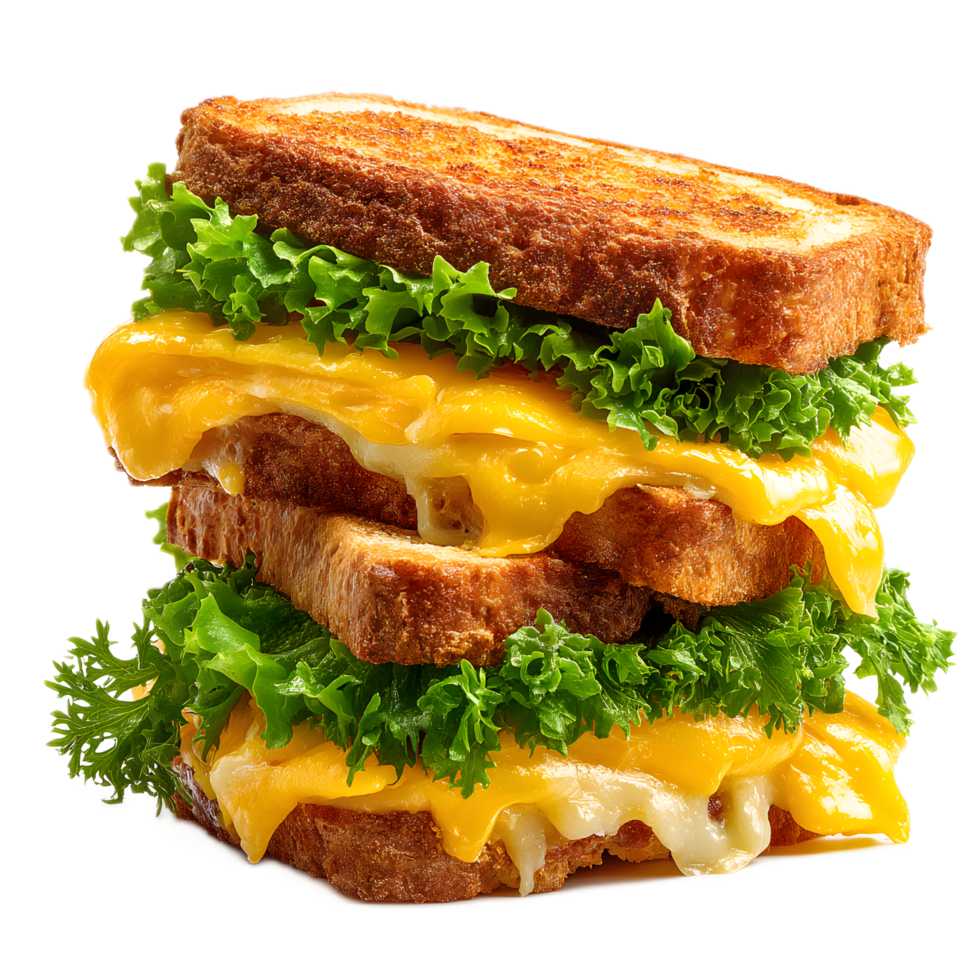 A stacked sandwich featuring crisp golden brown bread melted cheese and a layer of crunchy vibrant lettuce a classic and satisfying lunch or snack option png