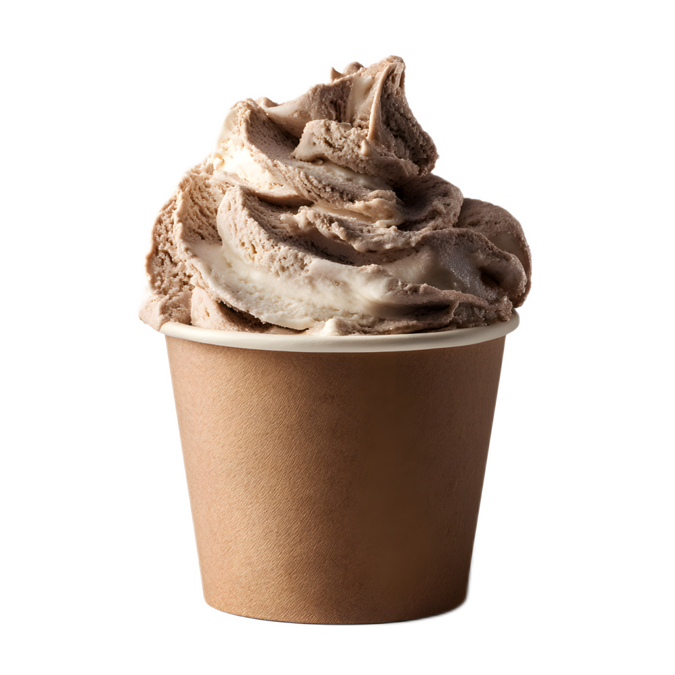 A rich creamy chocolate ice cream delicately swirled and scooped into a sturdy paper cup creating a tempting and indulgent frozen dessert png