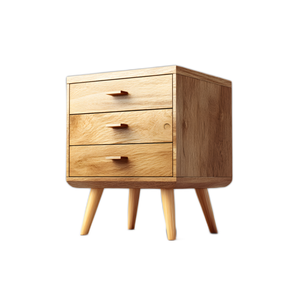 A simple modern wooden nightstand with three functional drawers designed for compact storage and bedside organization in a contemporary bedroom setting png