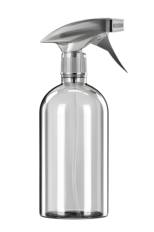 A clear empty spray bottle with a silver trigger mechanism used to dispense various household liquids or cleaning products png