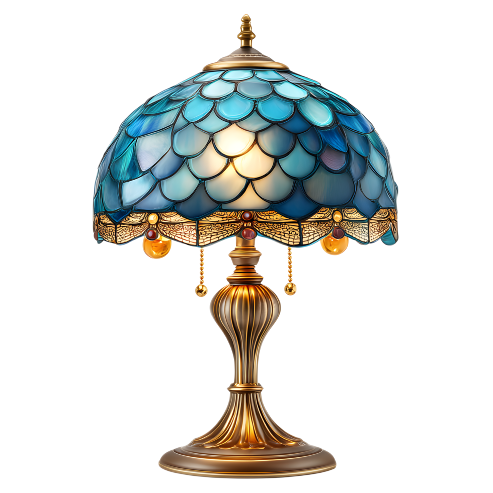 Beautifully crafted Tiffany inspired table lamp featuring an intricate domed glass shade in a vibrant blue and yellow color pattern complemented by an ornamental brass base and stand png