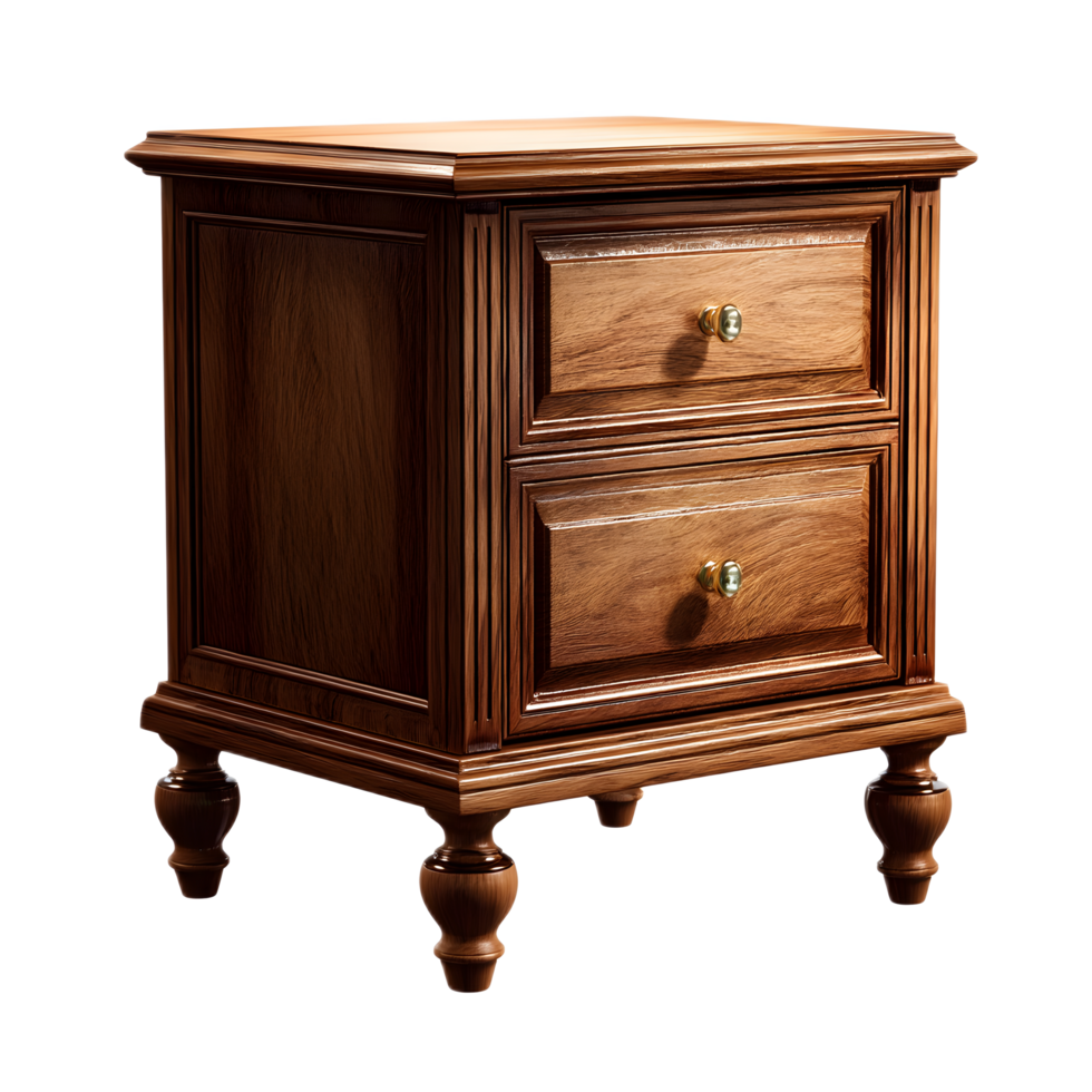 Beautifully crafted wood nightstand with two functional drawers for storage and organization in a classic traditional design png