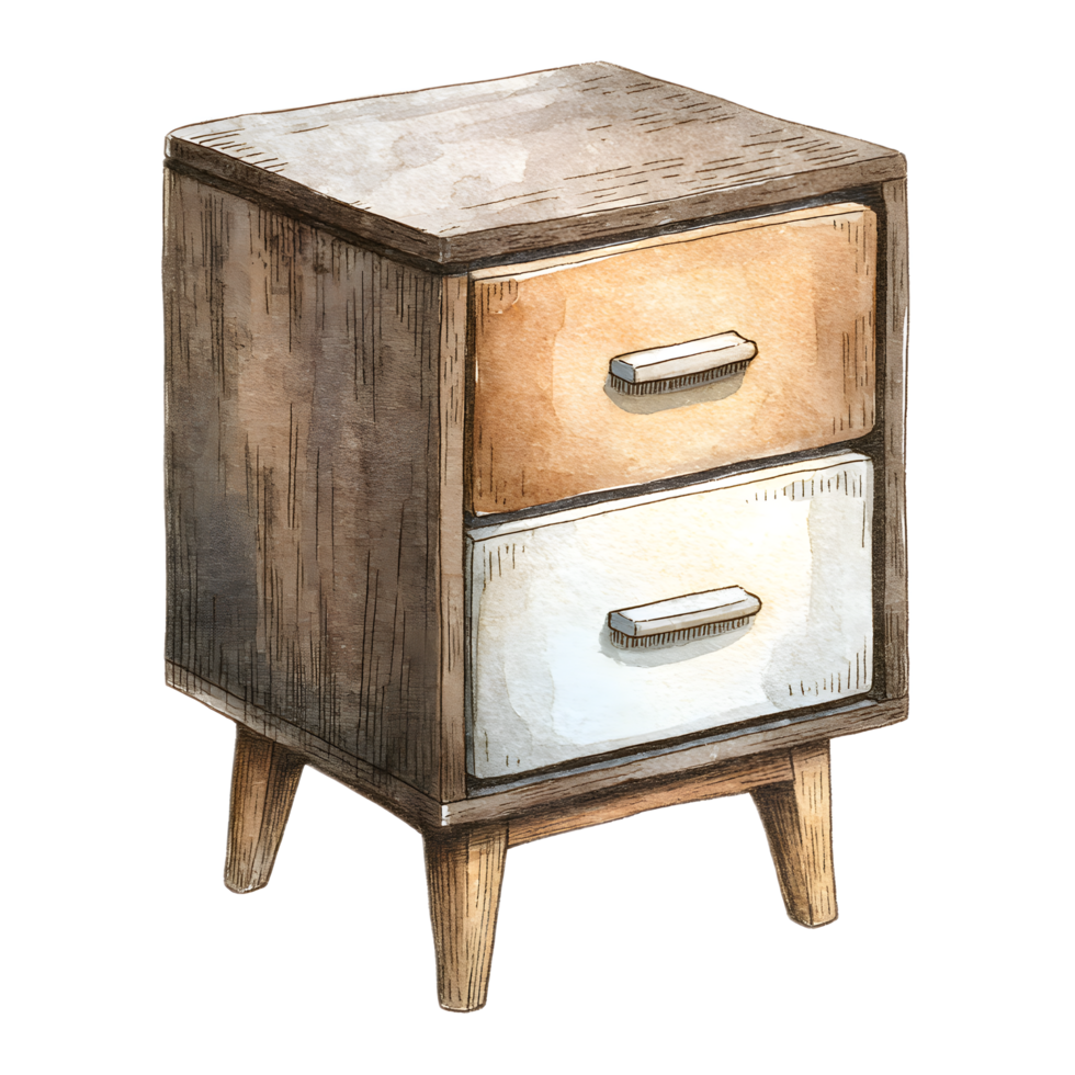 Rustic and minimalist wooden nightstand with two drawers for bedside storage and decor png