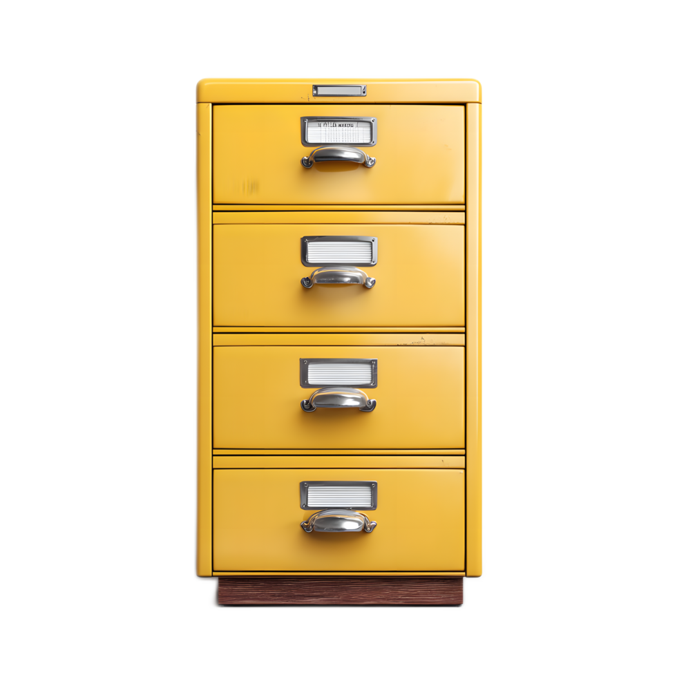 A sleek and modern yellow metal file cabinet with multiple drawers for organized storage of documents and paperwork in an office or workplace setting png