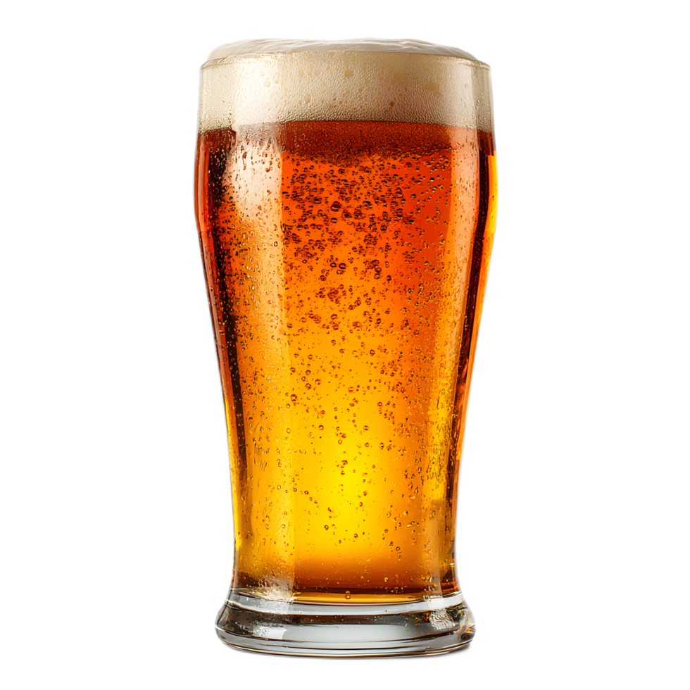 A crystal clear glass filled with a vibrant amber colored beer topped with a thick creamy white foam and gently rising carbonation bubbles creating a refreshing and inviting visual png
