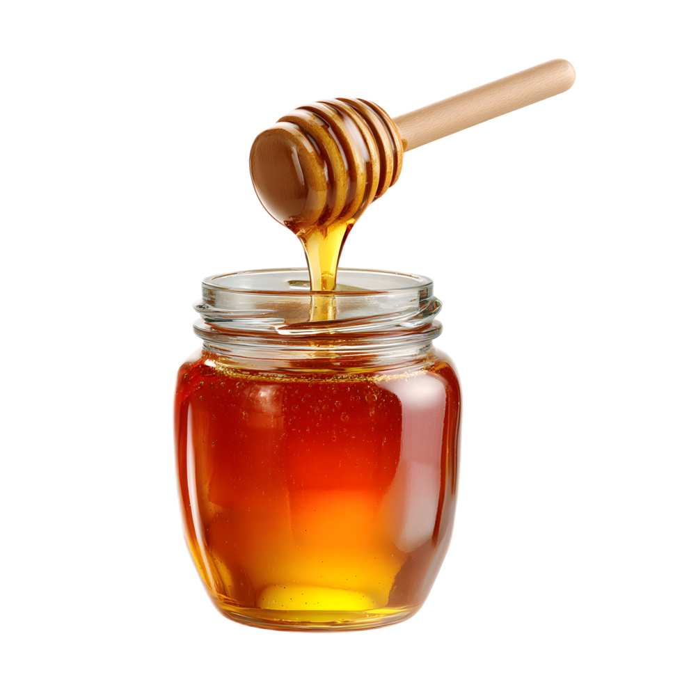 A glass jar filled with golden honey with a wooden honey dipper dripping the sweet liquid into the container png