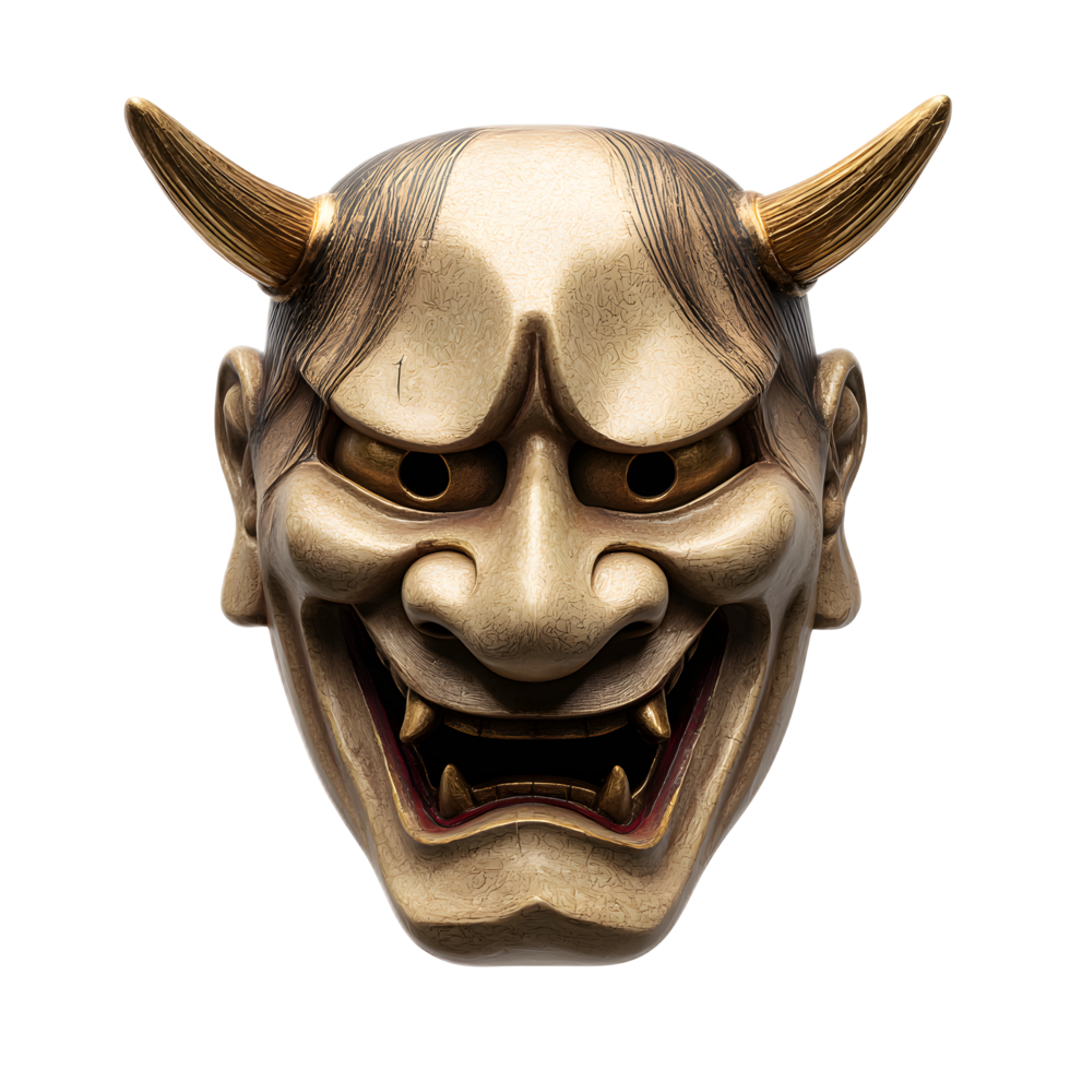 A striking and dramatic portrayal of a traditional Japanese oni demon mask featuring an intense and foreboding expression with bold metallic gold features and sharp horned details png