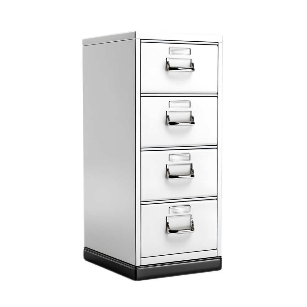 A sleek and minimalist steel filing cabinet with multiple drawers perfect for organizing important documents and paperwork in a professional office setting png