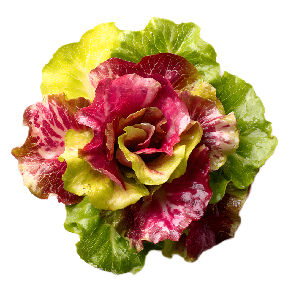 A vibrant arrangement of different green and red lettuce leaves creating a visually appealing and nutritious serving of fresh produce png