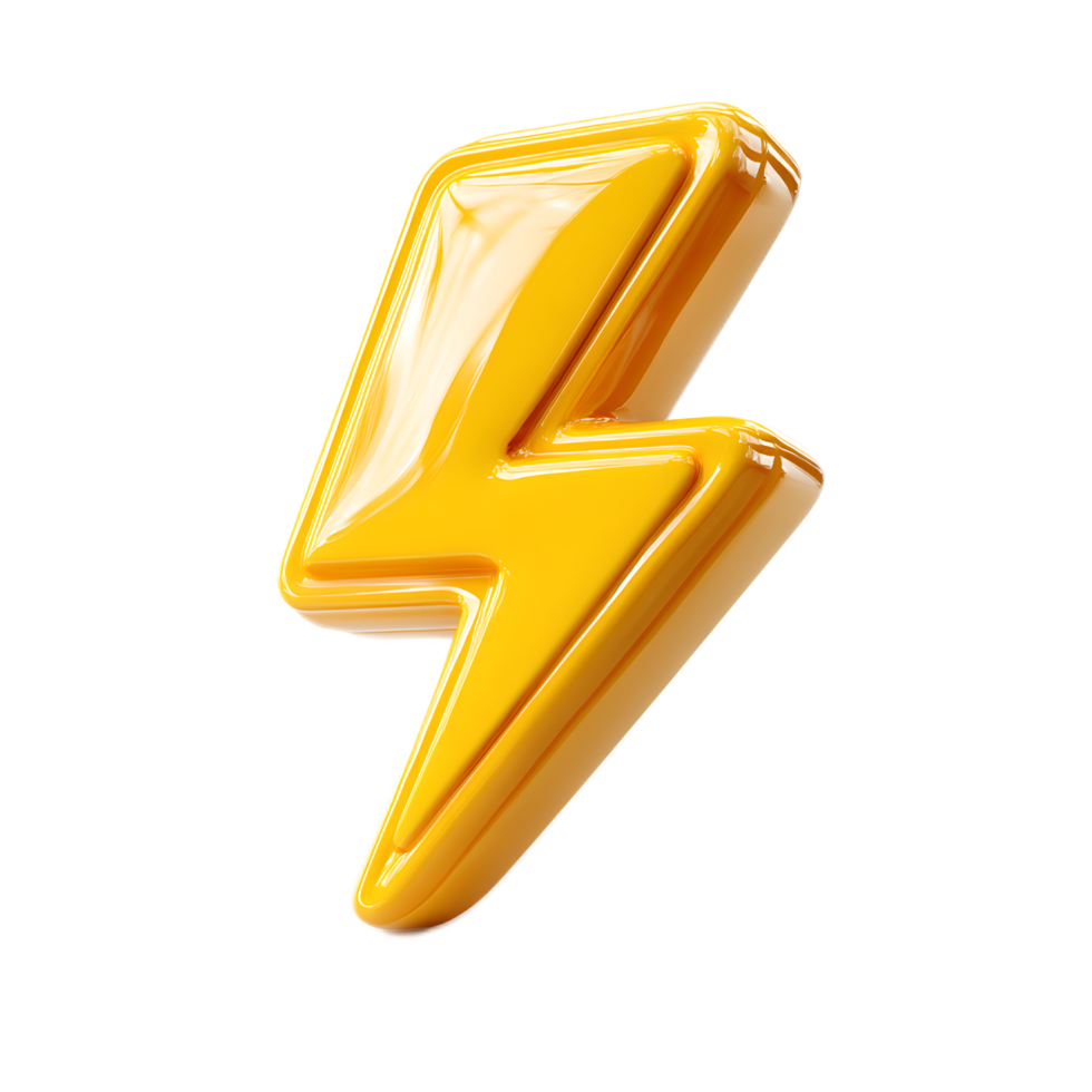 A striking three dimensional icon depicting a stylized glossy yellow lightning bolt against a plain white background conveying a sense of power and digital energy png