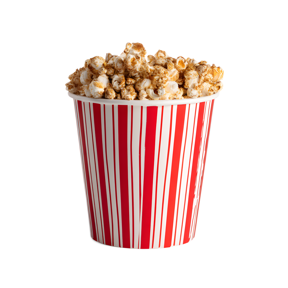A vibrant striped paper bucket overflowing with freshly popped buttery popcorn a classic movie theater concession item perfect for sharing and enjoying during a cinematic experience png
