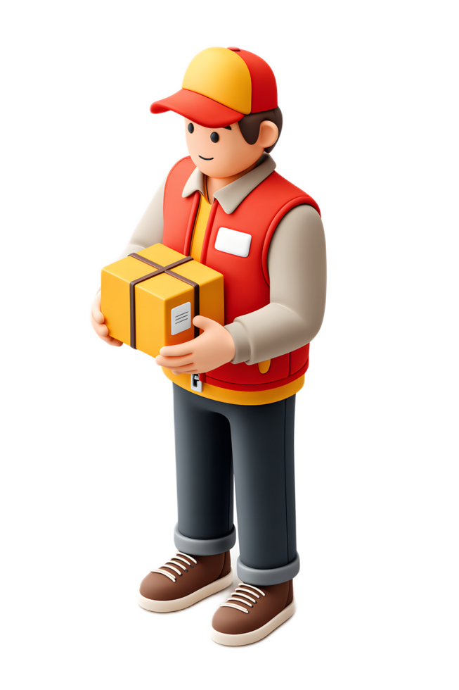 A cartoon style 3D of a delivery courier in a uniform holding a cardboard package to be shipped or delivered png