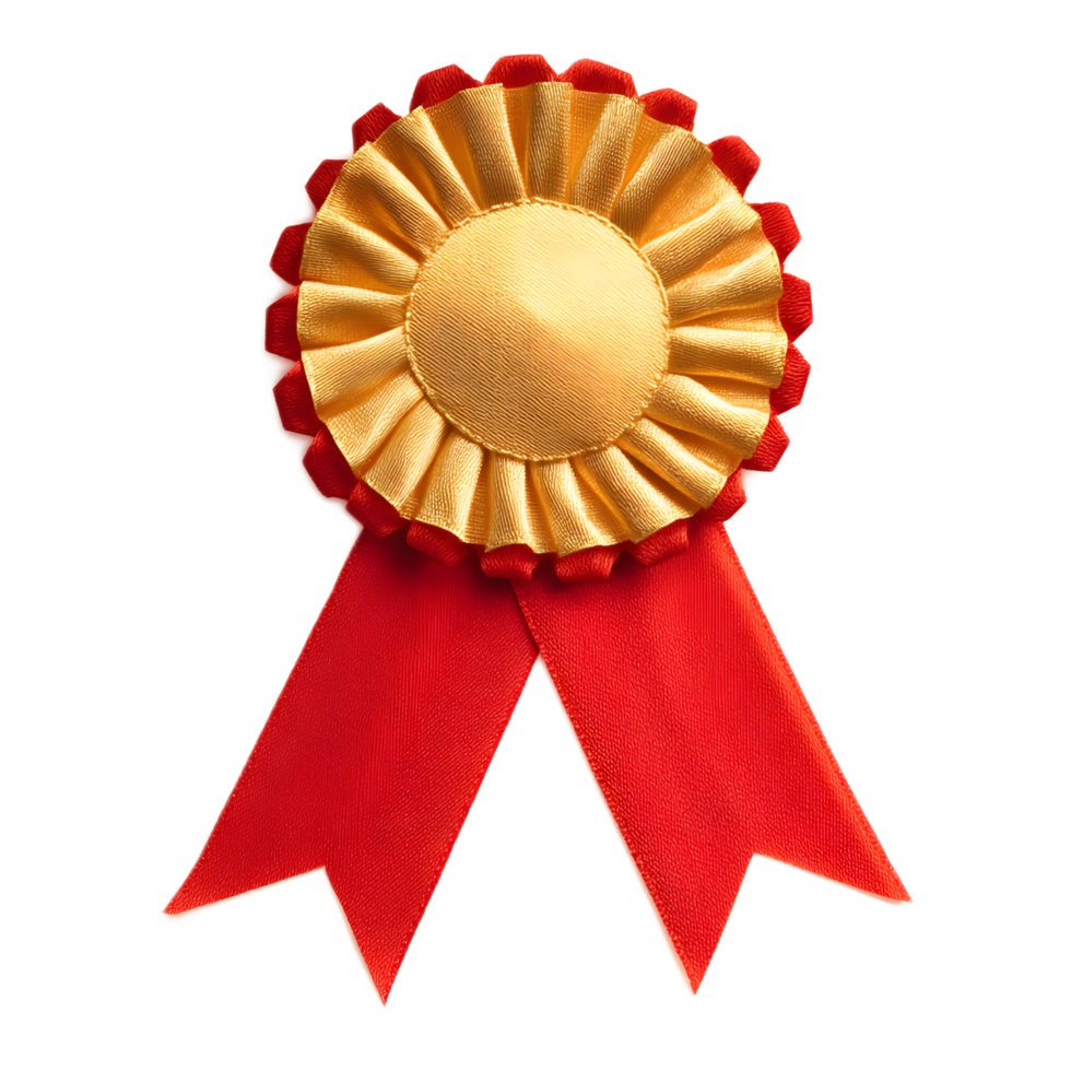 Ornate red and gold award ribbon with a decorative sunburst pattern symbolizing prestigious achievement and recognition png