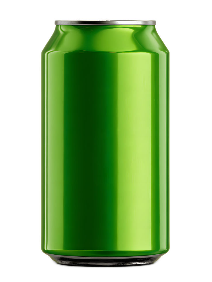 A vivid green glossy soft drink can with a metallic rim reflecting a clean refreshing and healthy appearance png