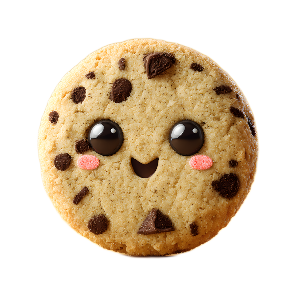 A freshly baked chocolate chip cookie with a delightful friendly face expression made from chocolate chips and other delicious ingredients png
