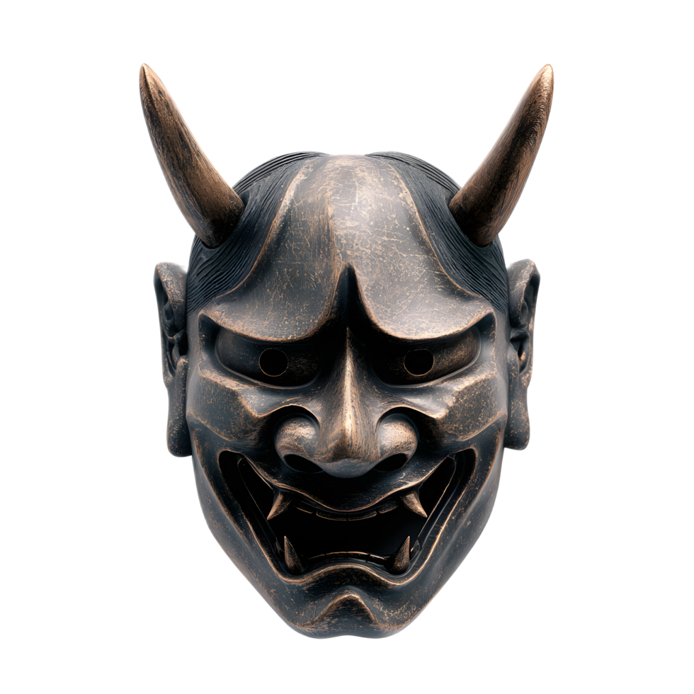Ornate and detailed wooden mask inspired by traditional Japanese Noh theater or legendary Oni demons featuring an intense sinister and ominous expression png