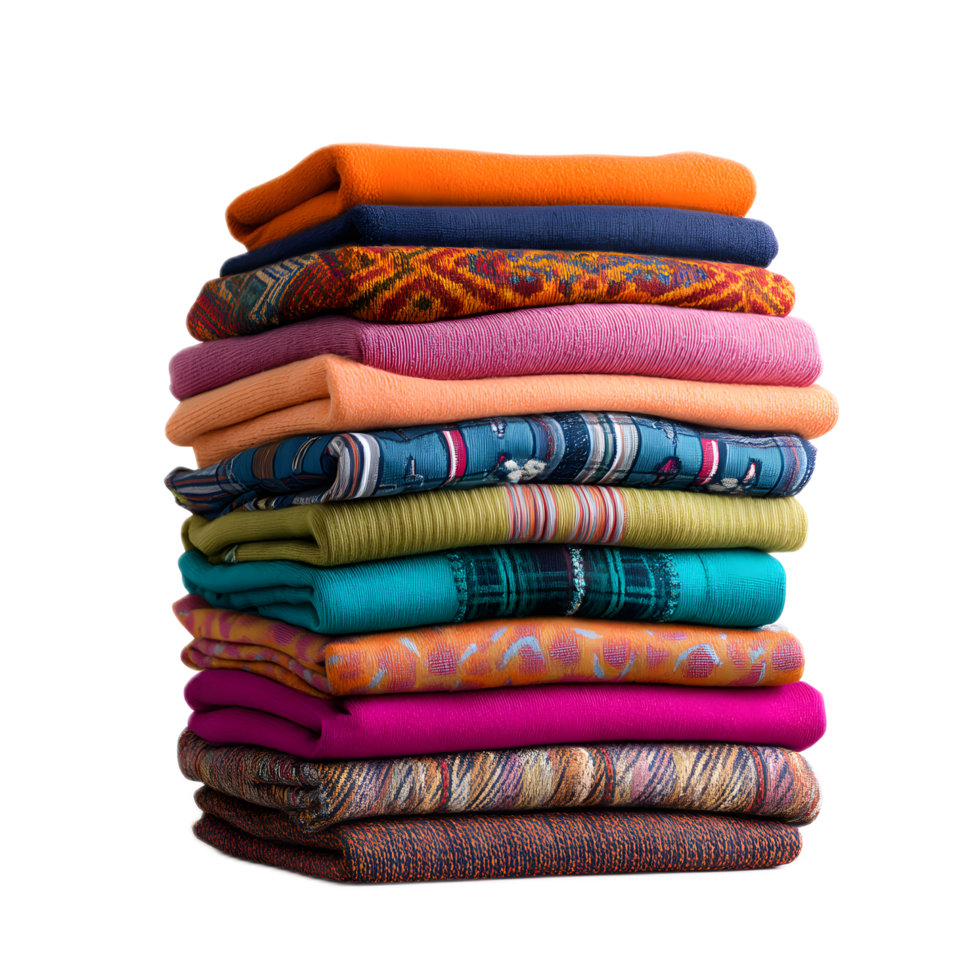 A colorful and inviting stack of neatly folded clothes made from a variety of vibrant fabrics including cotton linen and knits creating a cozy and stylish display png