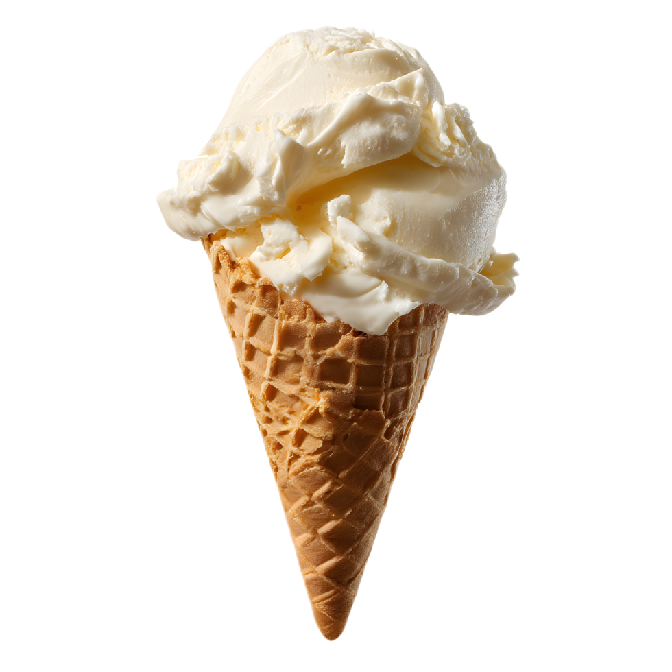 A generous scoop of creamy smooth and delectable vanilla ice cream nestled in a crisp golden waffle cone inviting the viewer to indulge in a sweet and refreshing treat png