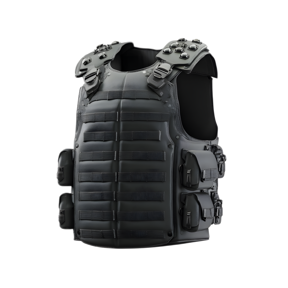 A grey reinforced bulletproof vest with a tactical uniform inspired design intended for security military or law enforcement applications png