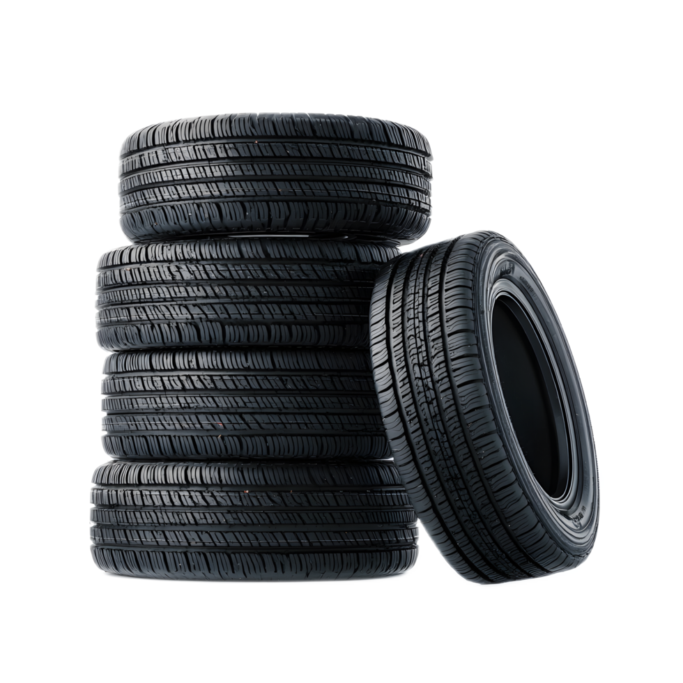 A neatly stacked pile of new black car tires arranged in a studio setting with clean bright lighting creating a minimalist professional product shot png