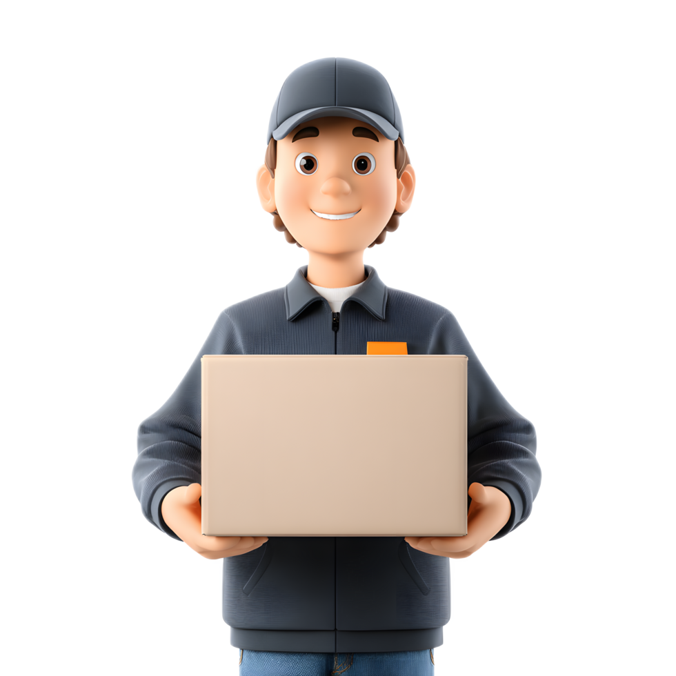 Smiling delivery person in uniform holding a cardboard box package ready to transport and distribute the shipment png
