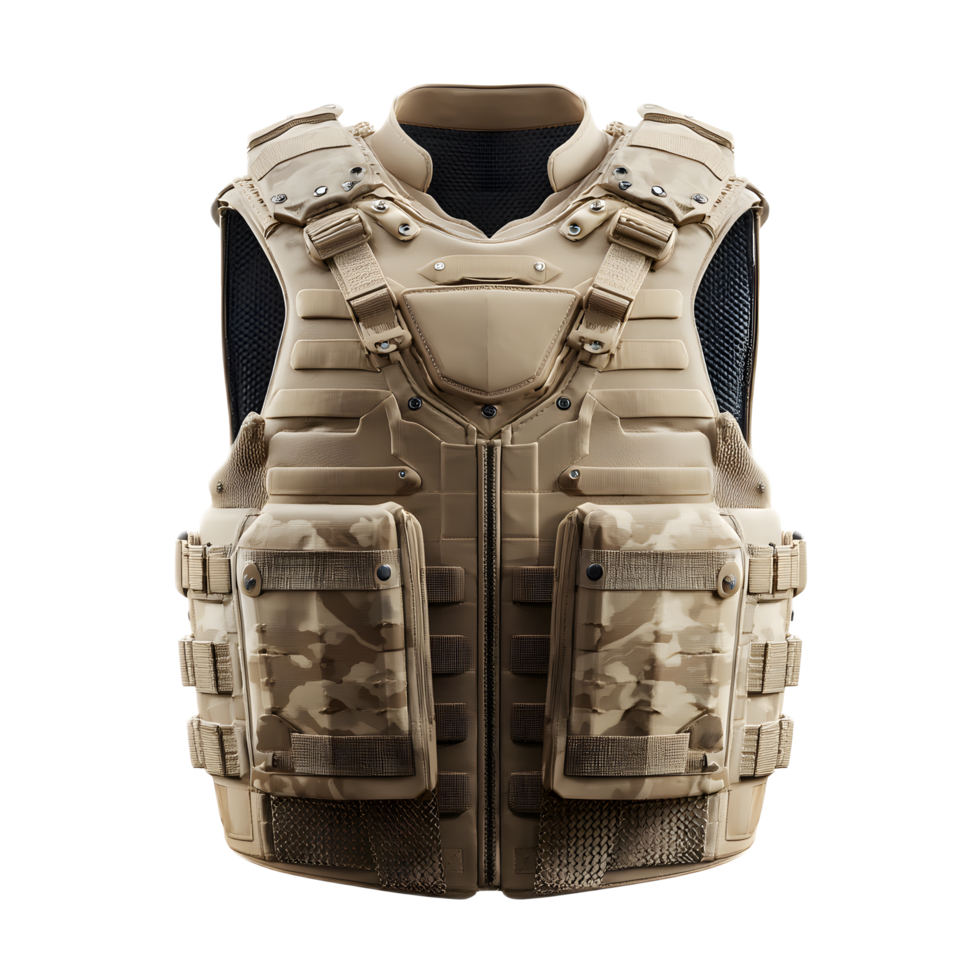 Tan colored bulletproof vest with multiple pockets straps and reinforced construction for enhanced security and protection png