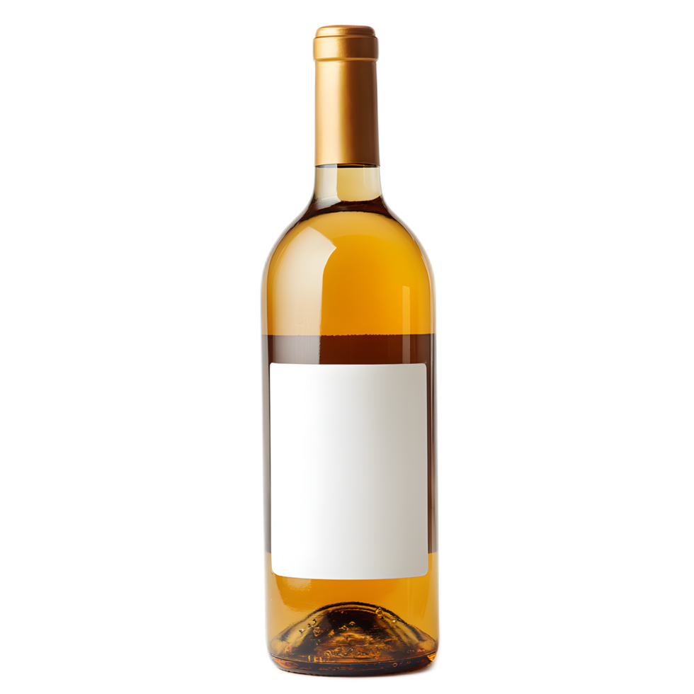 Sophisticated golden wine bottle with a clean minimalist white label showcasing the premium and refined taste of the contents within png