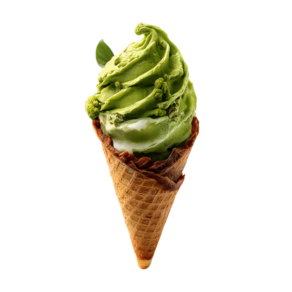 Luscious vivid green matcha flavored ice cream swirled in a crisp waffle cone topped with a dollop of whipped cream for a refreshing and indulgent treat png