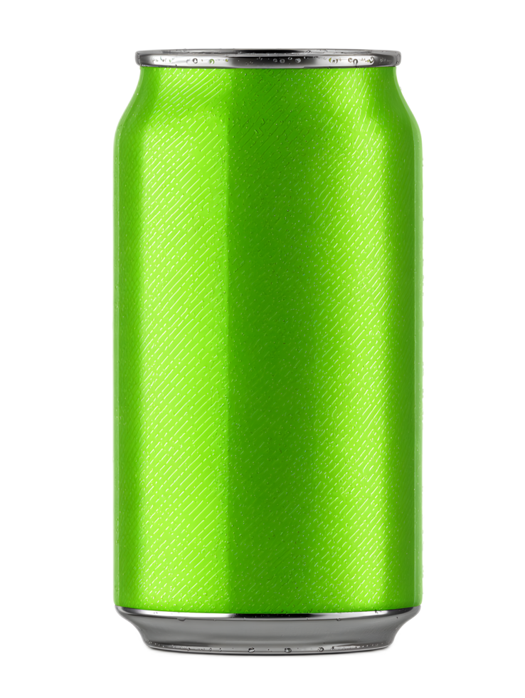 Closeup of a vibrant green aluminum can containing a refreshing soft drink or carbonated beverage png