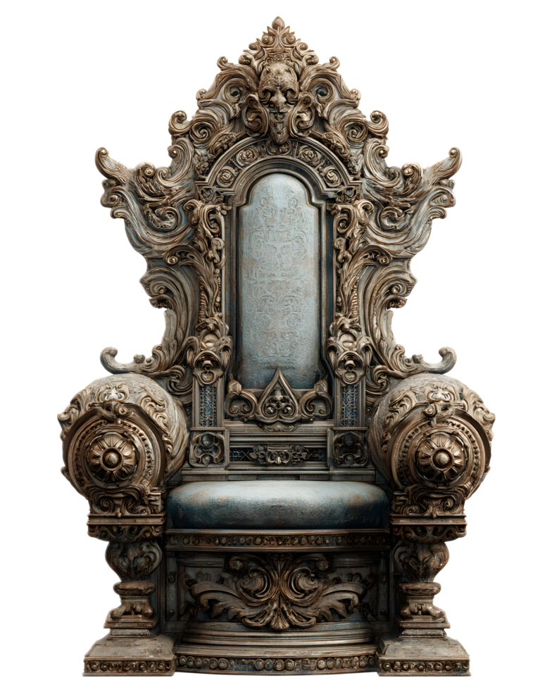 An elaborately carved wooden throne with intricate baroque style and ornamentation reminiscent of a fantastical fairy tale setting png