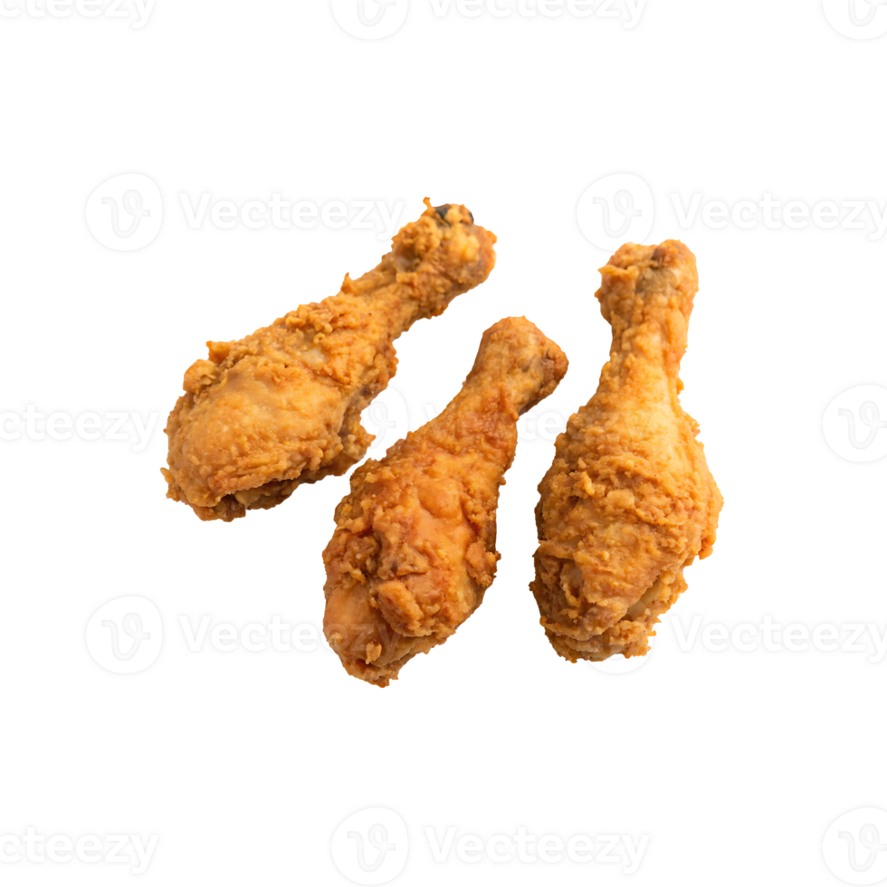 Three golden-brown, crispy fried chicken drumsticks on transparent background. png