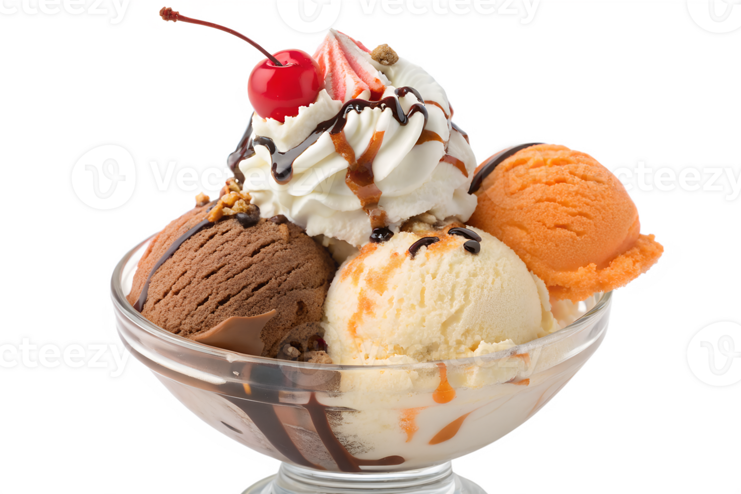 Ice cream sundae with cherries and chocolate png