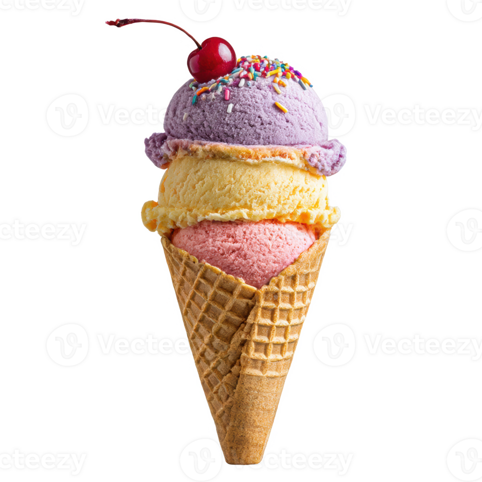 Delicious colorful icecream cone with cherry and sprinkles dessert treat on transparent background png