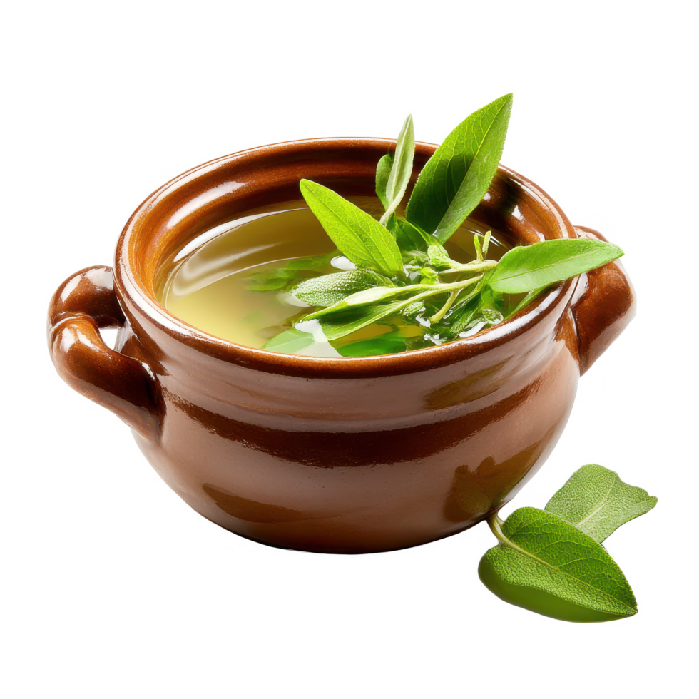 Delicious broth with herbs in bowl for healthy food and nutrition on transparent background png