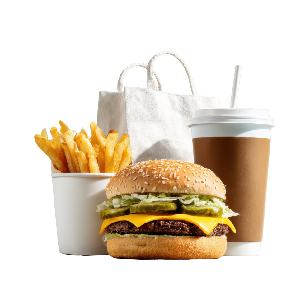 Burger fries and drink combo meal fast food restaurant delivery on transparent background png