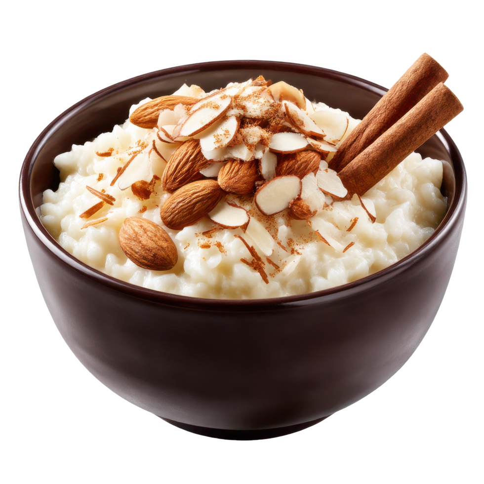 Delicious rice pudding dessert with almonds and cinnamon closeup shot on transparent background png