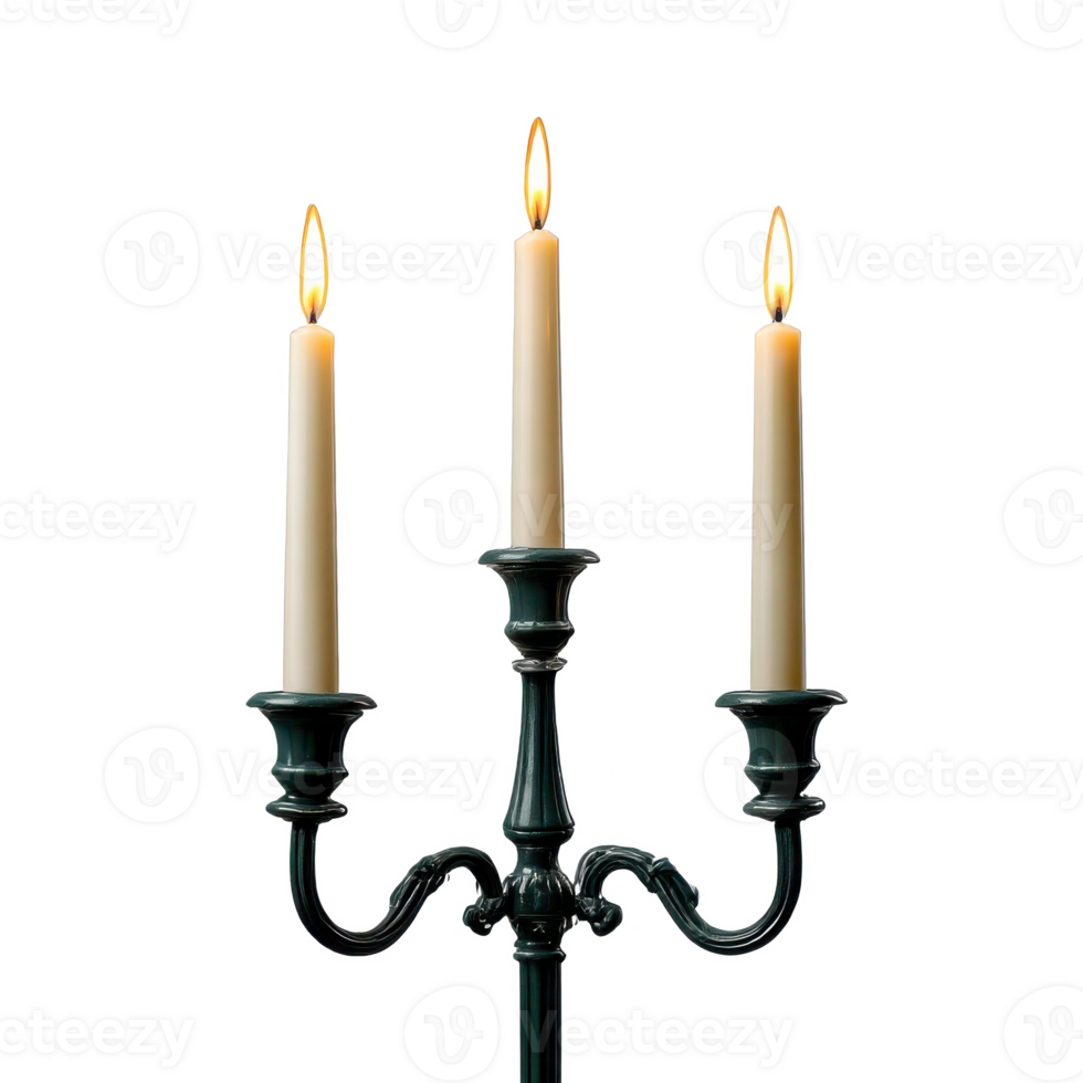 Three lit candles in a candelabra creating soft light and warm glow on transparent background png