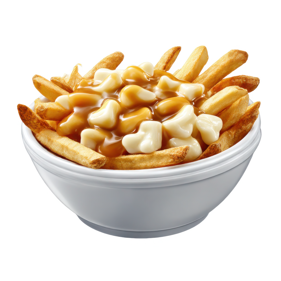 Delicious poutine bowl French fries cheese curds gravy Canadian food on transparent background png