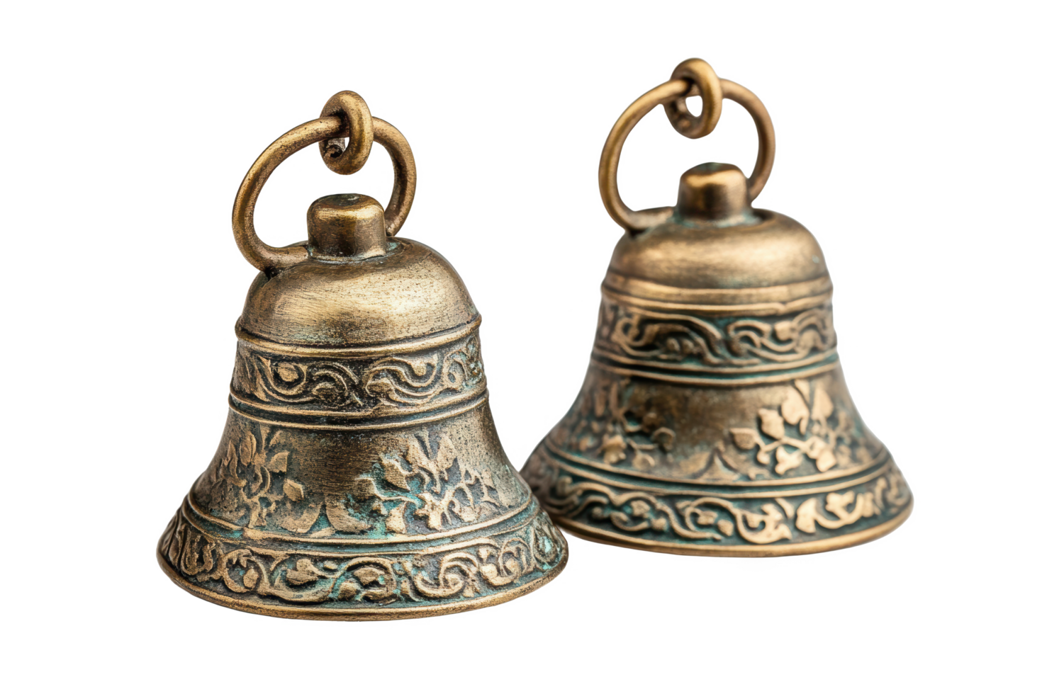 Two brass bells with ornate designs on them png