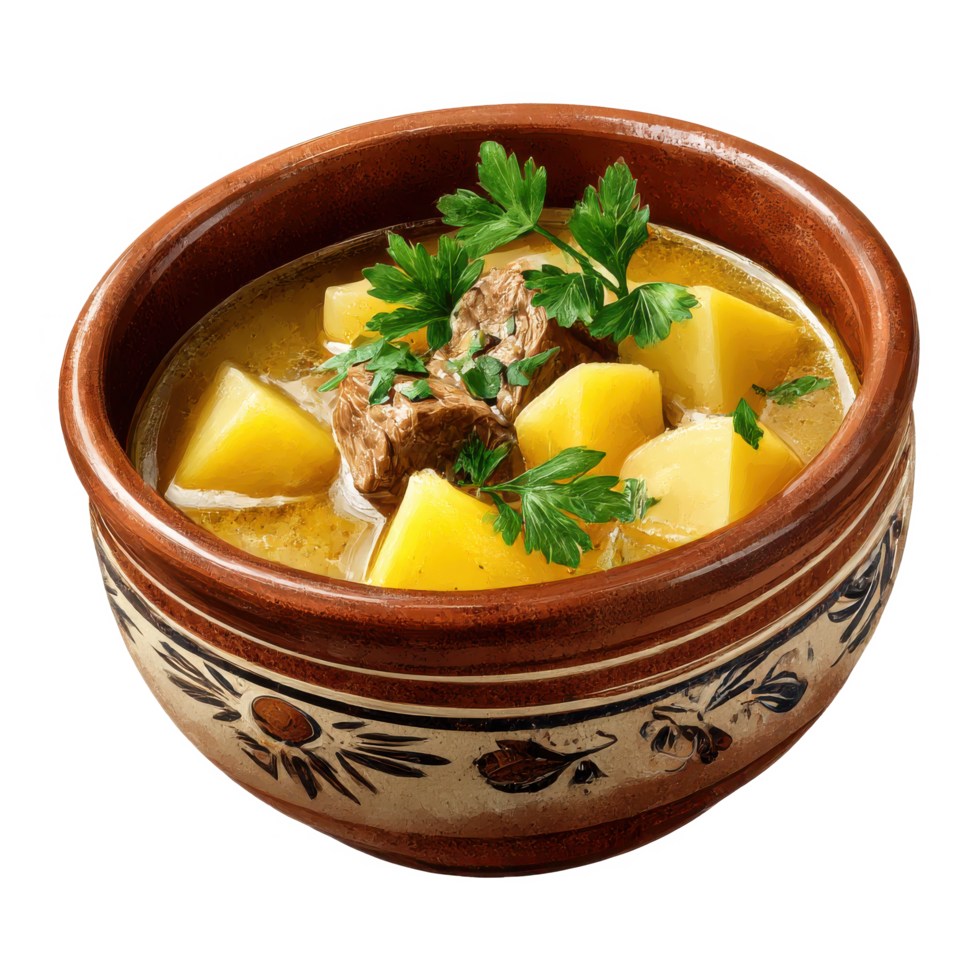 Delicious beef stew with potatoes recipe in a rustic bowl food dish on transparent background png