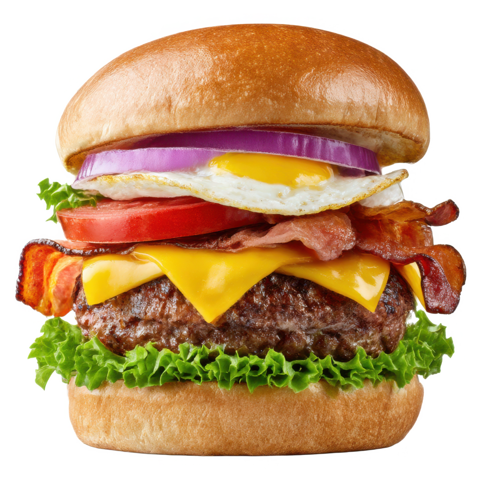 Delicious burger with bacon cheese egg onion tomato and lettuce food on transparent background png