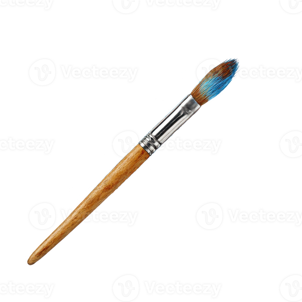 Isolated paint brush art tool with blue color on bristles for painting on transparent background png