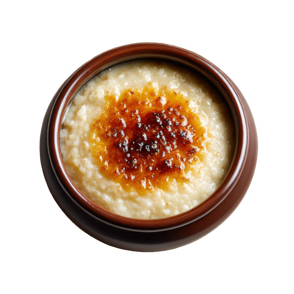 Delicious rice pudding dessert in brown bowl food photography closeup on transparent background png