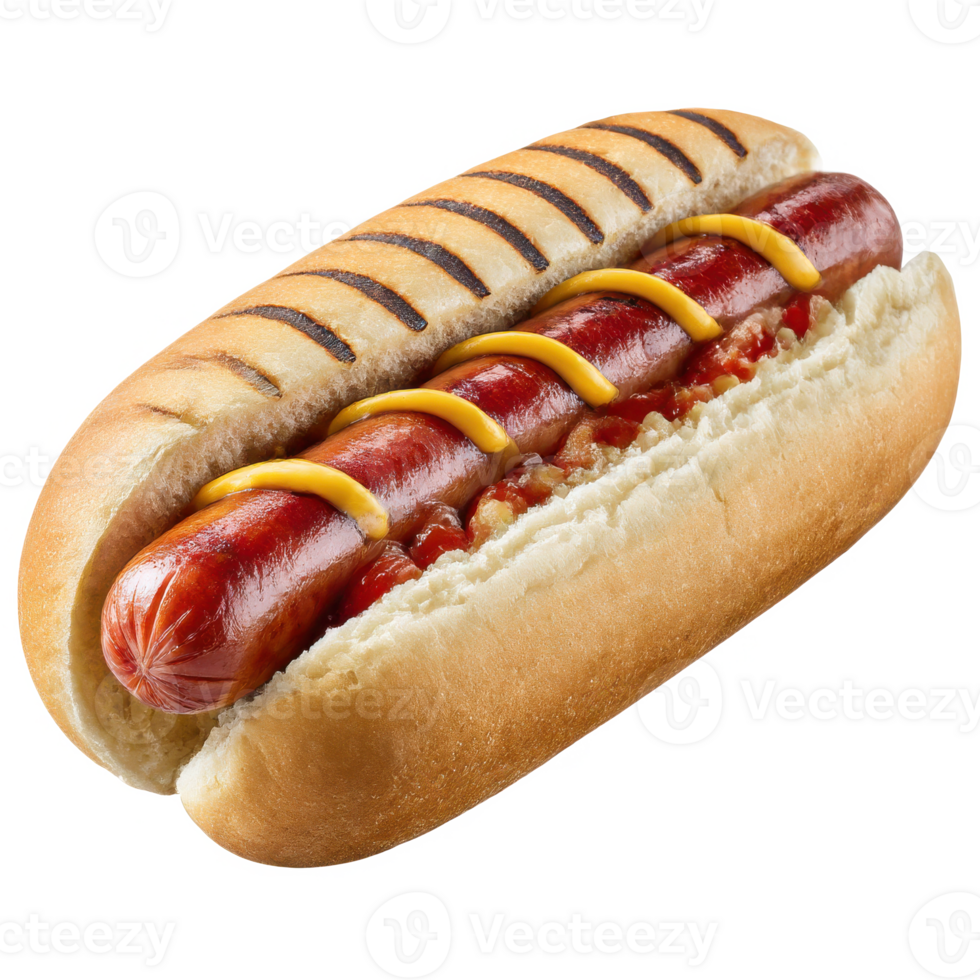 Delicious grilled hotdog with mustard and ketchup on a soft bun food on transparent background png