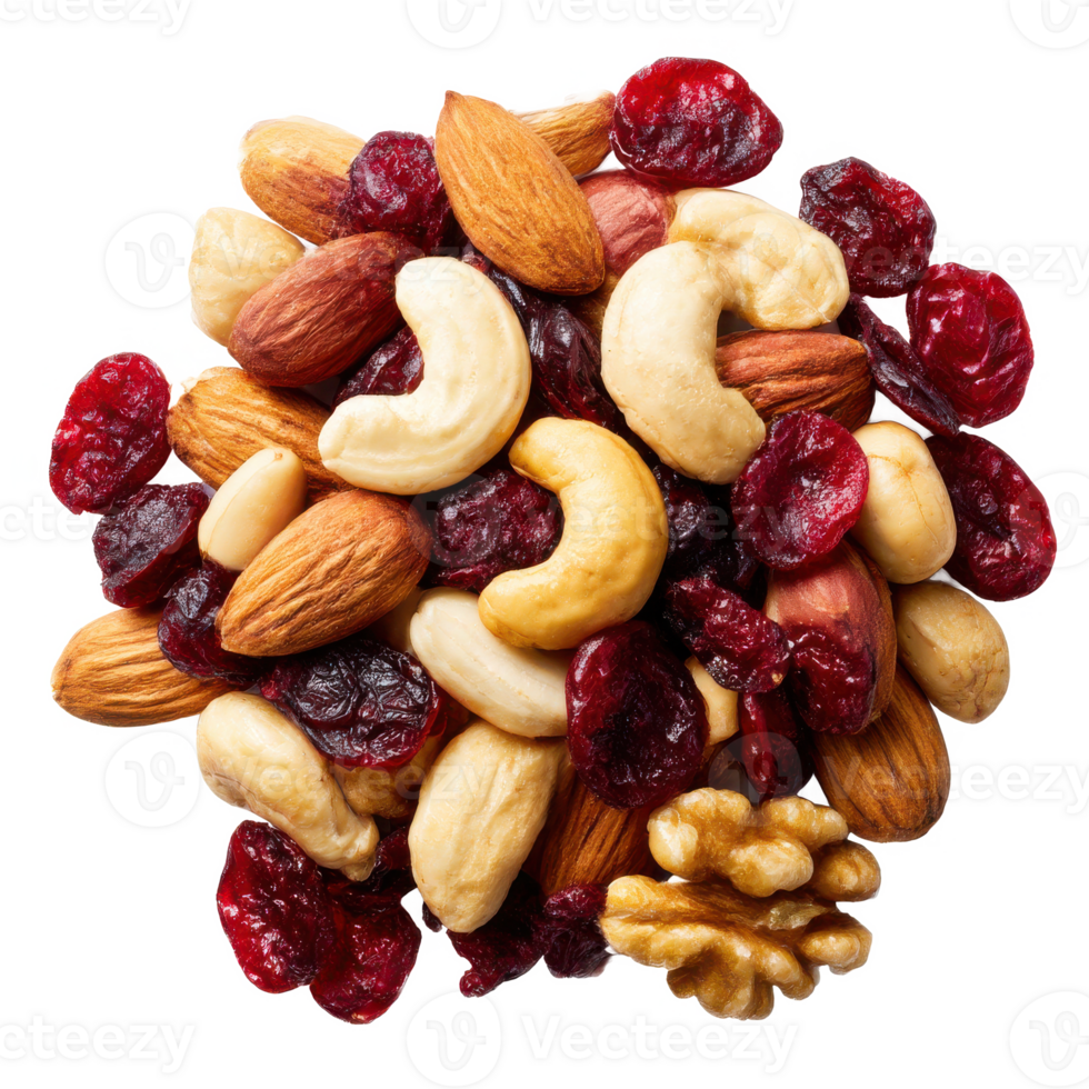 Mixed nuts and dried cranberries snack food healthy eating concept on transparent background png